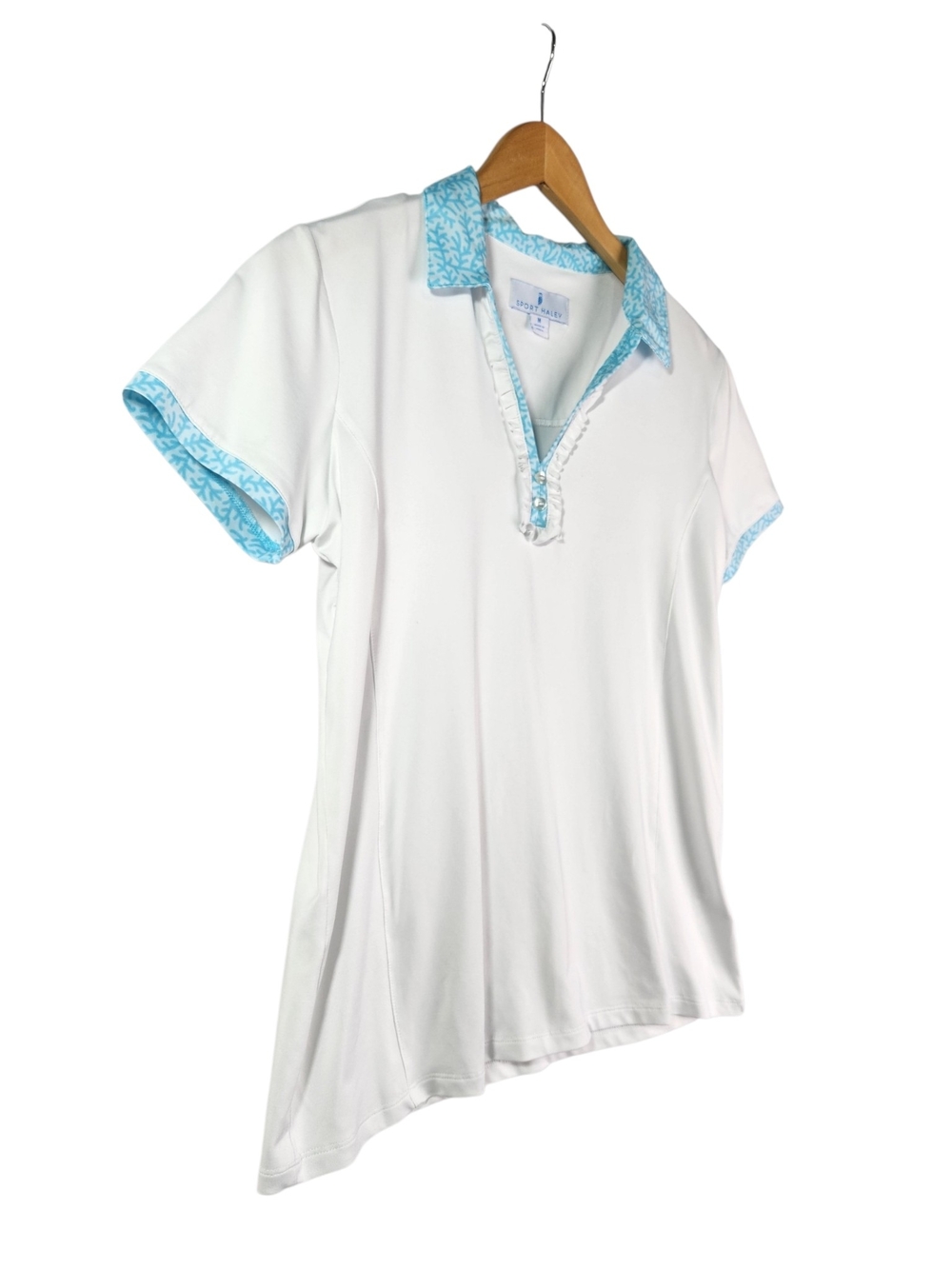 Sport Haley Golf Polo Shirt Womens Medium White Aqua Coral Trim Ruffle Stretch - Picture 5 of 12